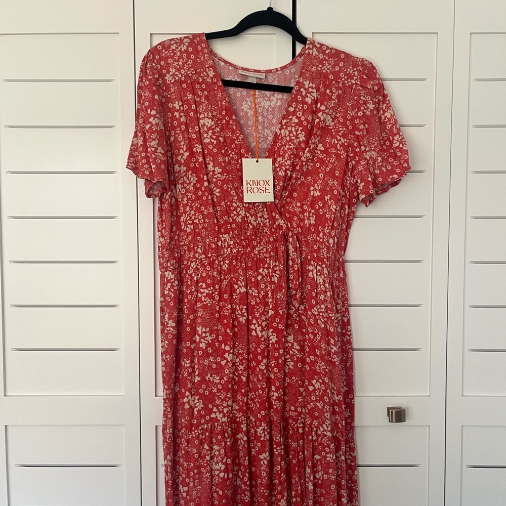 NWT Knox Rose Boho Pink Red Floral Maxi Smock Waist Dress with Cream Print Sz M